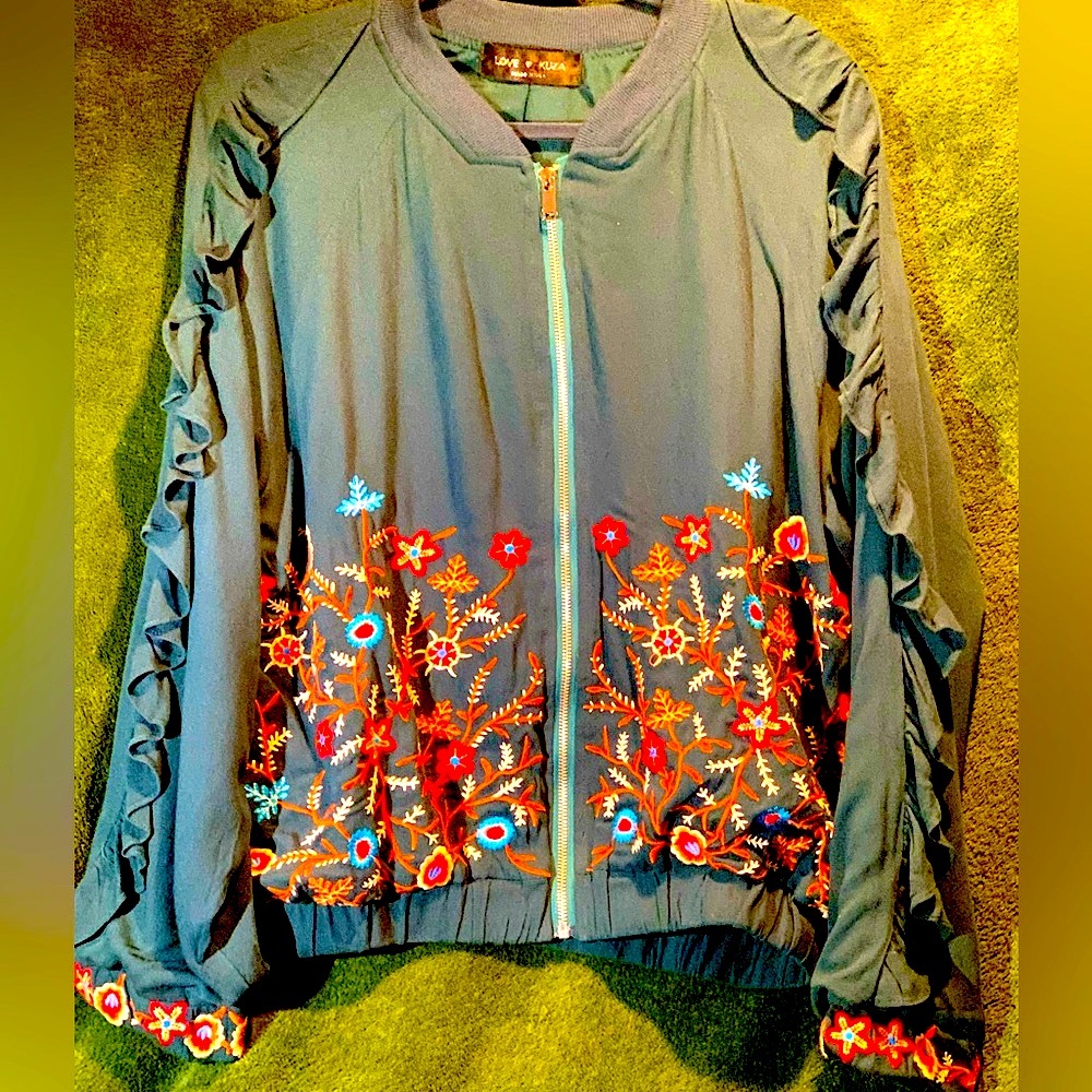 Bomber jacket Teal size L  Love Kuza embroidered made in the USA ruffle sleeves